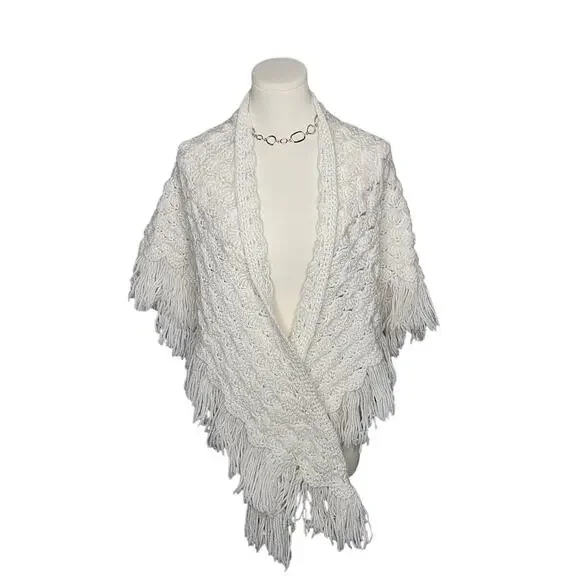 Vtg Off White Handmade Crochet Knit Boho Hippie Festival Prairie Shawl Fringe - Picture 2 of 6